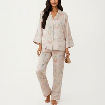 Women's 2 pc Set Floral Print Button Front Pajama Top and Matching Relaxed Fit Pants