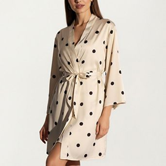 Women's 2 pc Set Satin Polka Dot Slip Dress with Spaghetti Straps and Matching Tie Waist Robe