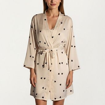 Women's 2 pc Set Satin Polka Dot Slip Dress with Spaghetti Straps and Matching Tie Waist Robe