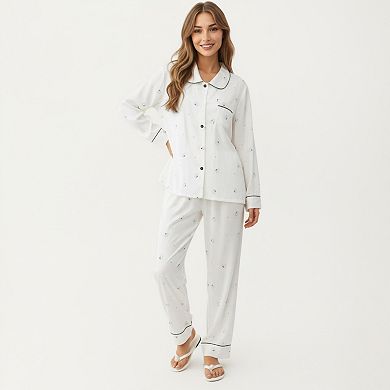 Women's 2-Piece Set Printed Button Front Pajama Top with Contrast Piping and Matching Relaxed Pants