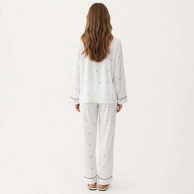 Women's 2-Piece Set Printed Button Front Pajama Top with Contrast Piping and Matching Relaxed Pants