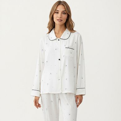 Women's 2-Piece Set Printed Button Front Pajama Top with Contrast Piping and Matching Relaxed Pants