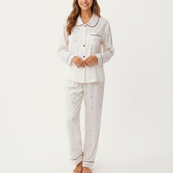Women's 2 pc Set Printed Button Front Pajama Top with Contrast Piping and Matching Relaxed Pants