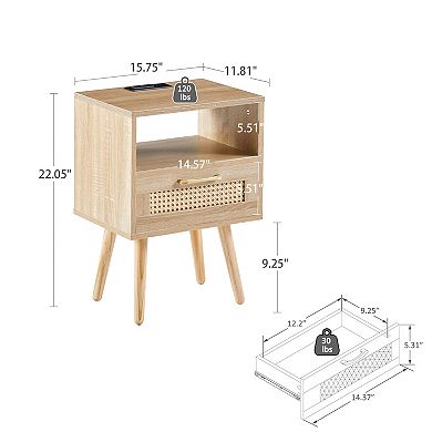 Modern Rattan End Table with Power Outlet USB Ports Drawer Solid Wood Legs