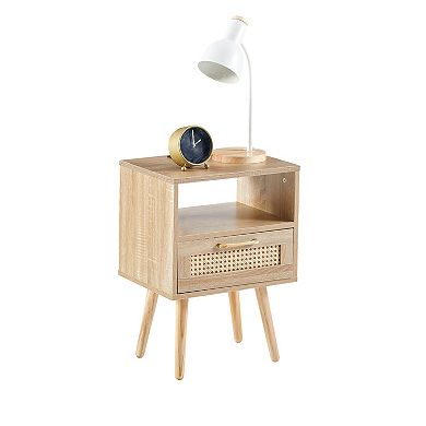 Modern Rattan End Table with Power Outlet USB Ports Drawer Solid Wood Legs