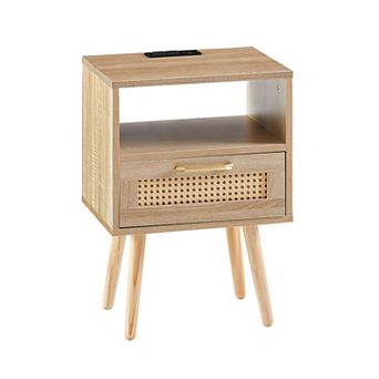 Modern Rattan End Table with Power Outlet USB Ports Drawer Solid Wood Legs