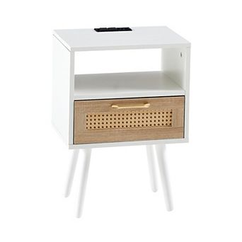 Modern Rattan End Table with Power Outlet USB Ports Drawer Solid Wood Legs