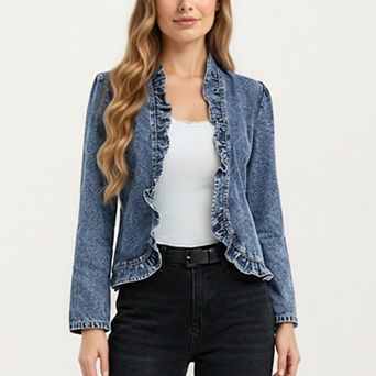Women's Denim Jacket with Soft Ruffle Trim Open Front Design and Textured Washed Finish