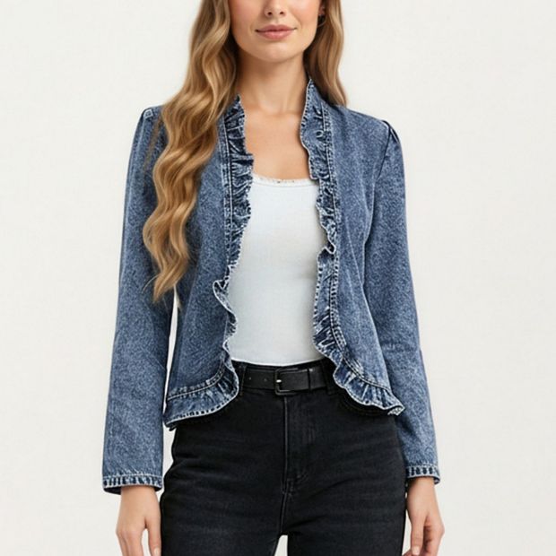 Women's Denim Jacket with Soft Ruffle Trim Open Front Design and