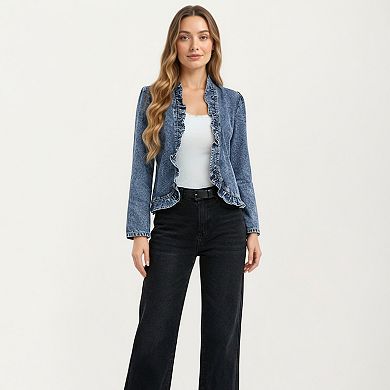 Women's Denim Jacket with Soft Ruffle Trim Open Front Design and Textured Washed Finish