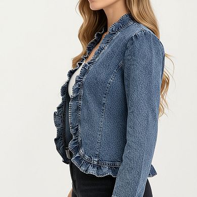 Women's Denim Jacket with Soft Ruffle Trim Open Front Design and Textured Washed Finish