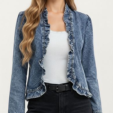 Women's Denim Jacket with Soft Ruffle Trim Open Front Design and Textured Washed Finish