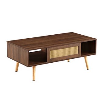 PE Rattan Coffee Table with Sliding Storage Door and Solid Wood Legs for Living Room