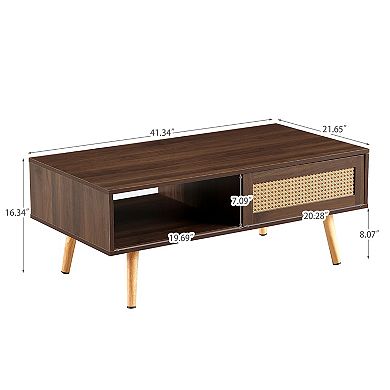 PE Rattan Coffee Table with Sliding Storage Door and Solid Wood Legs for Living Room