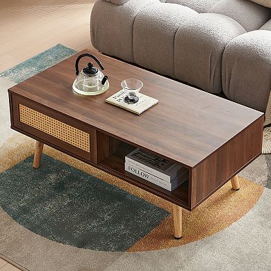 PE Rattan Coffee Table with Sliding Storage Door and Solid Wood Legs for Living Room