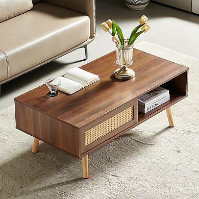 PE Rattan Coffee Table with Sliding Storage Door and Solid Wood Legs for Living Room
