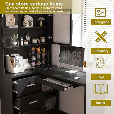 Modern L-Shaped Computer Desk with Glass Cabinets and Built-In LED Lighting