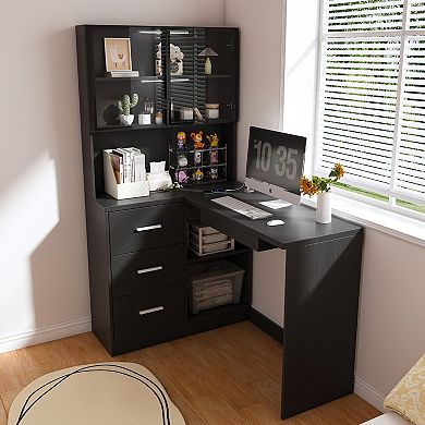 Modern L-Shaped Computer Desk with Glass Cabinets and Built-In LED Lighting
