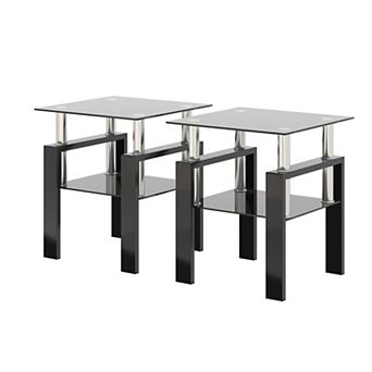 Set of 2 Modern Square Tempered Glass Coffee Tables with Solid Frame