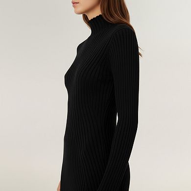 Women's Long Sleeve Ribbed Knit Mini Dress with Contoured Textured Paneling and Stretch Fit