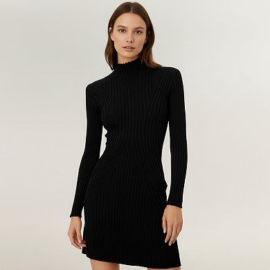 Women's Long Sleeve Ribbed Knit Mini Dress with Contoured Textured Paneling and Stretch Fit