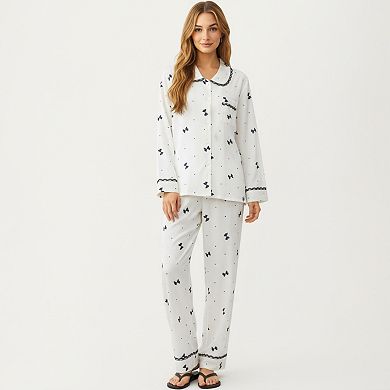 Women's 2-Piece Set Printed Button Front Pajama Top and Matching Relaxed Fit Elastic Waist Pants