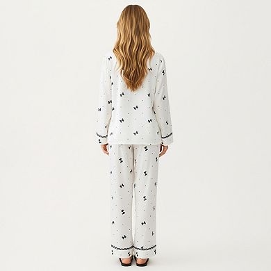 Women's 2-Piece Set Printed Button Front Pajama Top and Matching Relaxed Fit Elastic Waist Pants