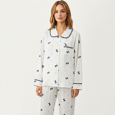 Women's 2-Piece Set Printed Button Front Pajama Top and Matching Relaxed Fit Elastic Waist Pants