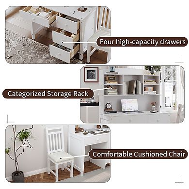 GOODSILO Vintage Executive Desk & Upholstered Chair Set with Bookshelf & Storage Drawers