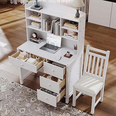 GOODSILO Vintage Executive Desk & Upholstered Chair Set with Bookshelf & Storage Drawers