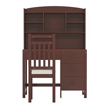 Vintage Home Executive Desk and Upholstered Chair Set with Built-in Bookshelf and Storage Drawers