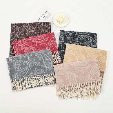 Women's Paisley Jacquard Knit Scarf with Soft Fringe Ends