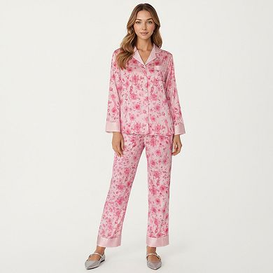 Women's 2-Piece Set Floral Satin Button Front Pajama Top and Matching Relaxed Fit Pants