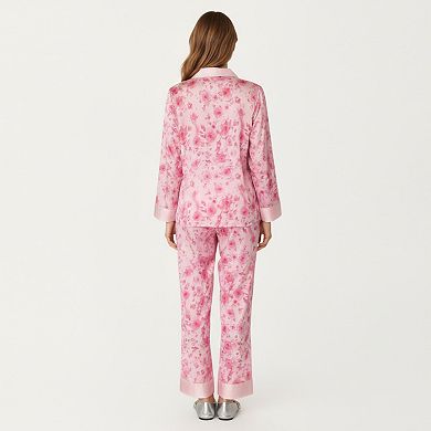 Women's 2-Piece Set Floral Satin Button Front Pajama Top and Matching Relaxed Fit Pants