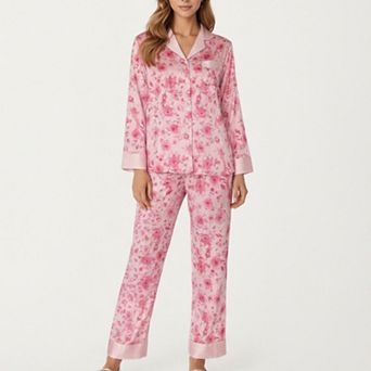 Women's 2 pc Set Floral Satin Button Front Pajama Top and Matching Relaxed Fit Pants