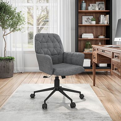 Modern Upholstered Tufted Office Chair with Fixed Armrests and Swivel Function