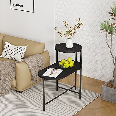 Round Wooden Coffee Table with 2-Tier Storage Tray in Black