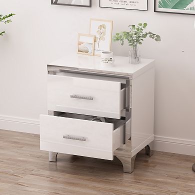 High Gloss Mirrored Nightstand with 2 Drawers and Metal Handle