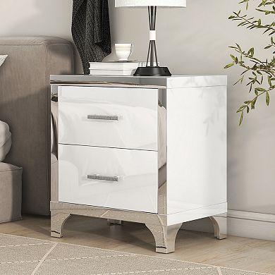 High Gloss Mirrored Nightstand with 2 Drawers and Metal Handle