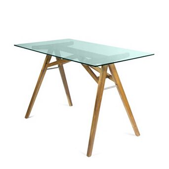 GOODSILO Modern Large Tempered Glass Desk with Wood Base for Home Office & Conference