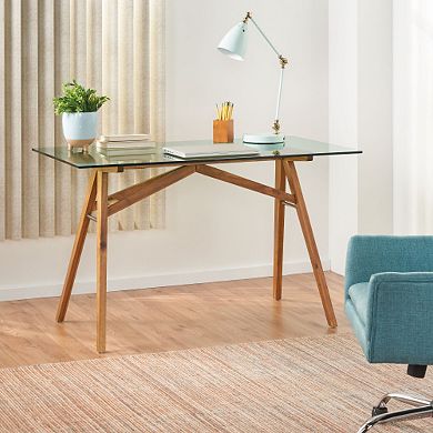 GOODSILO Modern Large Tempered Glass Desk with Wood Base for Home Office & Conference
