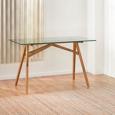 GOODSILO Modern Large Tempered Glass Desk with Wood Base for Home Office & Conference