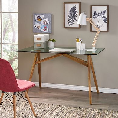 GOODSILO Modern Large Tempered Glass Desk with Wood Base for Home Office & Conference