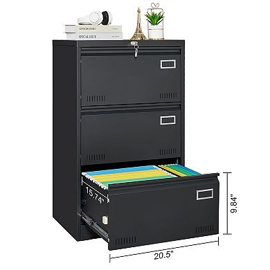 Three-Drawer Lateral Filing Cabinet with Locking Mechanism for Office Document Storage