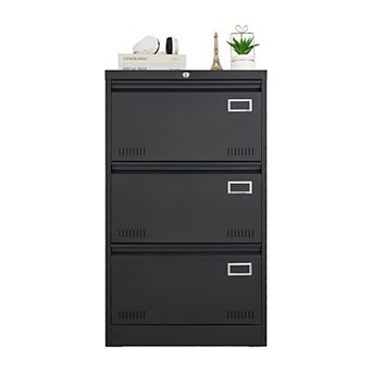 Three-Drawer Lateral Filing Cabinet with Locking Mechanism for Office Document Storage