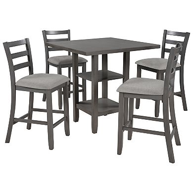 Whisen 5-Piece Wooden Counter Height Dining Set with Padded Chairs and Storage Shelving