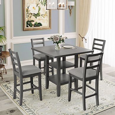 Whisen 5-Piece Wooden Counter Height Dining Set with Padded Chairs and Storage Shelving