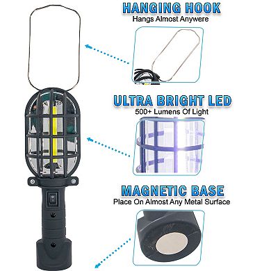 Cordless Magnetic LED Work Light with 500 Lumens Protective Cage for Garage, Camping, Emergencies