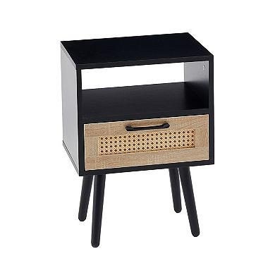 Modern Rattan End Table with Drawer and Solid Wood Legs Nightstand Side Table