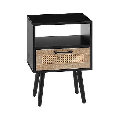 Modern Rattan End Table with Drawer and Solid Wood Legs Nightstand Side Table